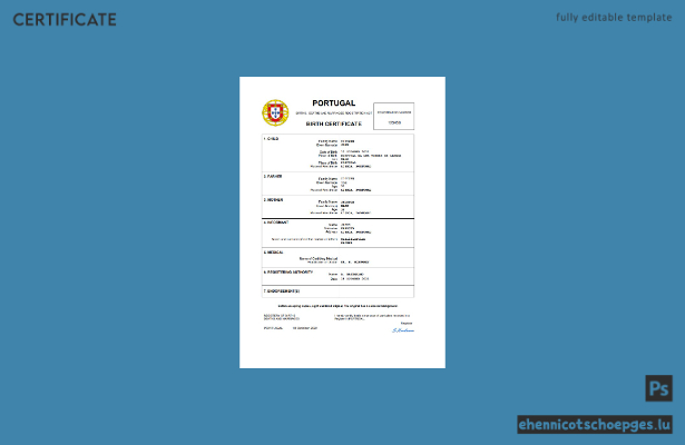 Portugiesische Geburtsurkunde – Beispielansicht (Word und PDF)